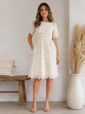 DNA Cream Lace Overlay Midi Dress Womens Medium Boho Cottagecore Scallop Hem